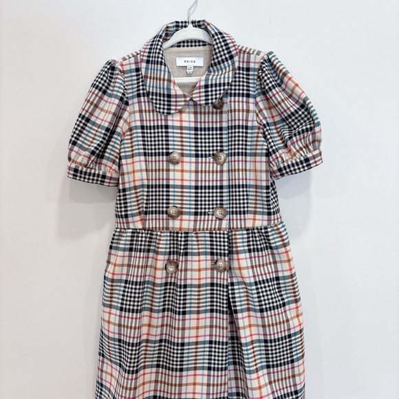 Reiss Puff Sleeve Check Dress in Beige Check - Picture 2 of 4